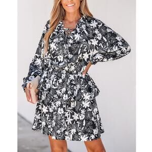 New CUPSHE Women's Black White Floral Print Tie Neck Mini Dress Size L